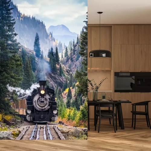 Sticker Train à vapeur traversant un viaduc en montagne