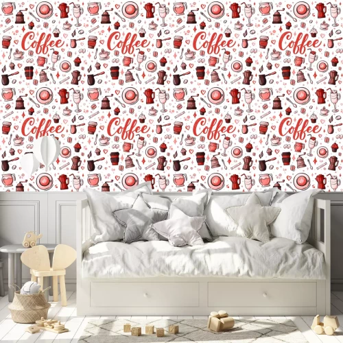 Behang Beeldverhaal hand-drawn krabbels voor wat betreft koffie, het thema naadloos patroon van de koffiewinkel. Kleurrijk gedetailleerd, met veel objecten vectorachtergrond. Schets elementen voor je ontwerp