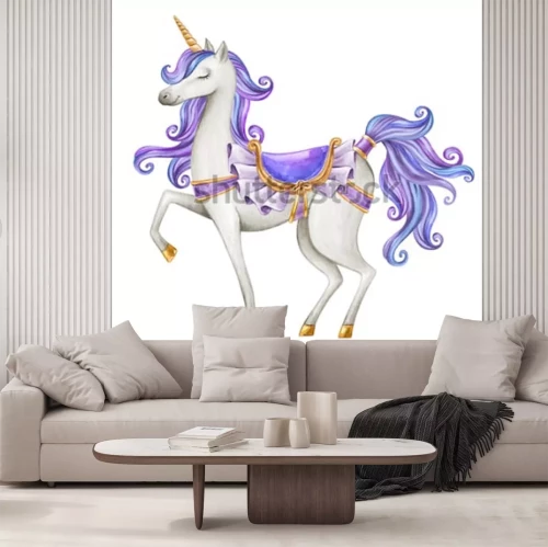 Sticker Een witte eenhoorn met een paars decoratief zadel