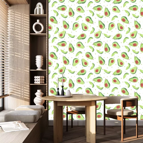 Behang Avocadohelften en stukjes en groene stippen