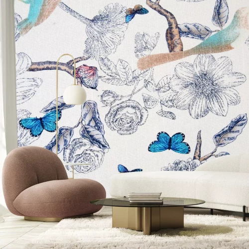 Fotobehang Patroon met natuur en vlinders