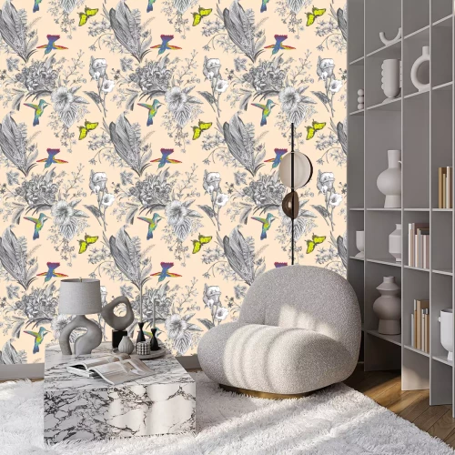 Behang Grijs motief met kleurrijke elementen