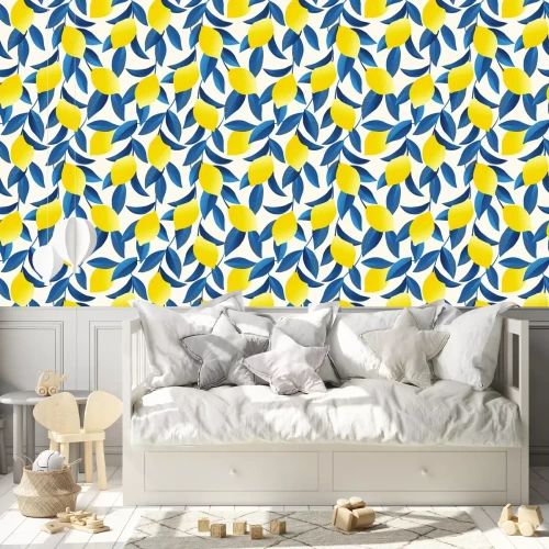 Behang Citroenen en blauwe bladeren op een lichte achtergrond