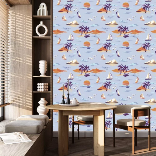 Behang Uitstekend Mooi naadloos eilandpatroon op witte achtergrond. Landschap met palmbomen, jacht, strand en oceaan vector hand getrokken stijl