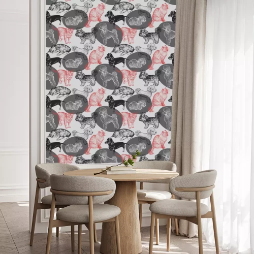 Behang Honden van verschillende rassen op een grijs- rood motief