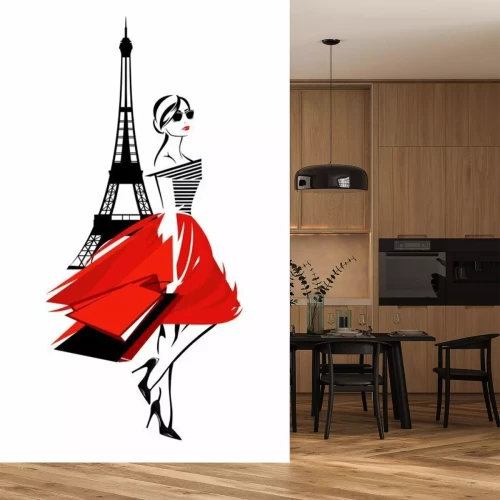 Sticker mooie maniervrouw in Parijs - Franse fashionista met het winkelen zakken en de toren vectorontwerp van Eiffel