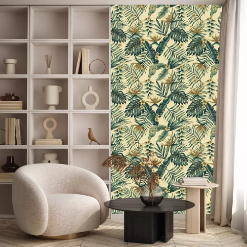 Behang Tropische bladeren en bloemen op een beige achtergrond