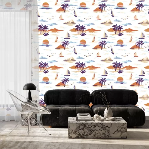 Behang Uitstekend Mooi naadloos eilandpatroon op witte achtergrond. Landschap met palmbomen, jacht, strand en oceaan vector hand getrokken stijl