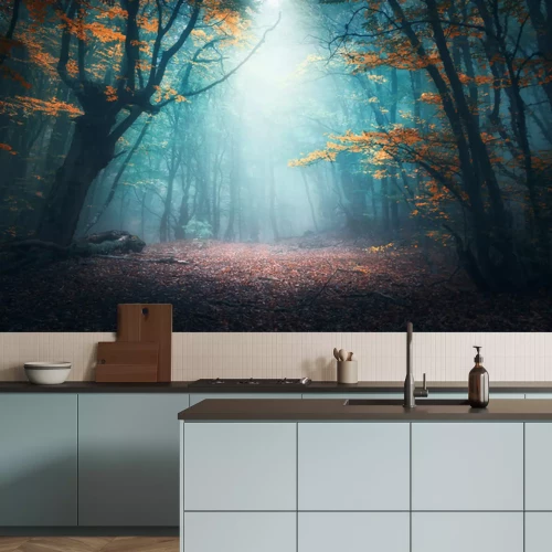 Fotobehang Ochtendmist in het herfstbos