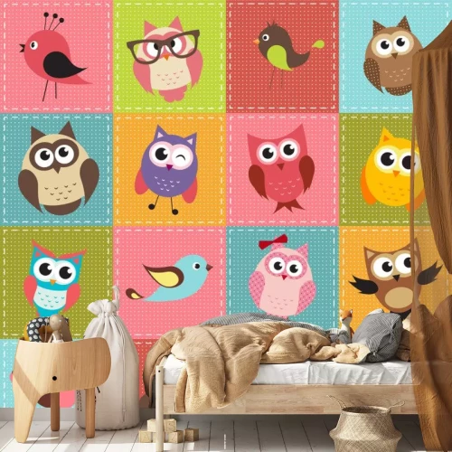 Sticker Kleurrijke vogelafbeeldingen op een kleurrijk schaakbord