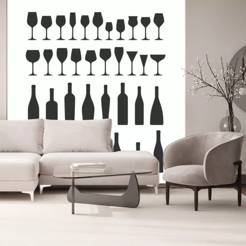 Sticker Verschillende soorten wijnglazen en flessen pictogramserie. Wijnglas en fles vector zwarte silhouet collectie iconen.