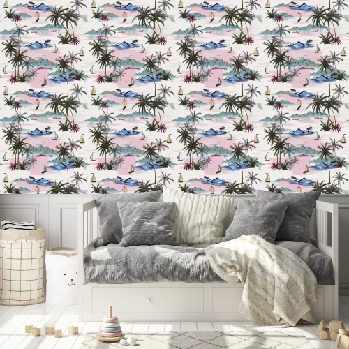 Behang Mooi naadloos eilandpatroon op witte achtergrond. Landschap met palmbomen, strand en oceaanvector