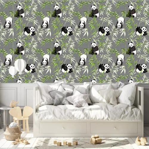 Behang Zwart-witte panda's tussen bamboebladeren