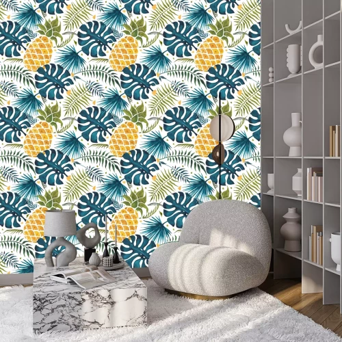 Behang Ananasfruitpatroon met bladeren