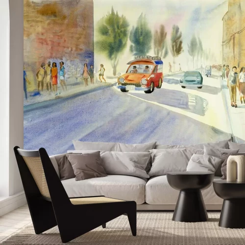 Fotobehang Kleurrijk schilderen van kleine rode bus op thapae-weg