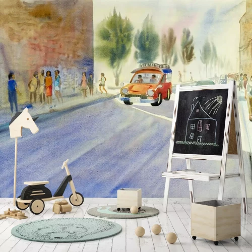 Fotobehang Kleurrijk schilderen van kleine rode bus op thapae-weg