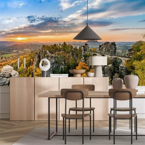 Fotobehang Stenen brug in herfstlandschap