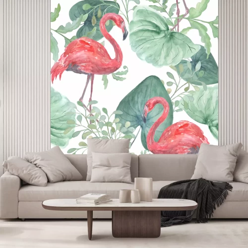 Sticker Naadloos waterverf tropisch patroon met tropische bladers, vogel Flamingo op een witte achtergrond.