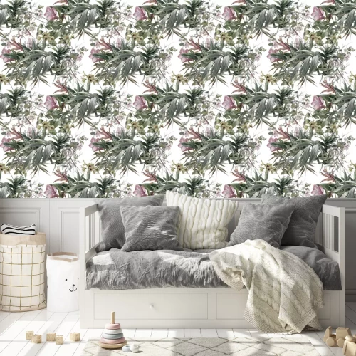 Behang Aquarel delicate bladeren en bloemen