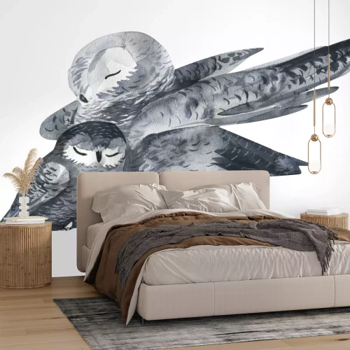 Sticker Uil en een baby-aquareltechniek. Bosdieren. Handgeschilderde afbeeldingen met afbeeldingen op een witte achtergrond. Mother's Day-kaart met de hand gemaakt.