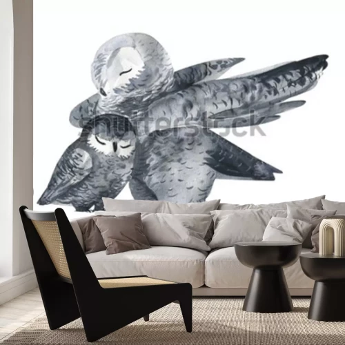 Sticker Uil en een baby-aquareltechniek. Bosdieren. Handgeschilderde afbeeldingen met afbeeldingen op een witte achtergrond. Mother's Day-kaart met de hand gemaakt.