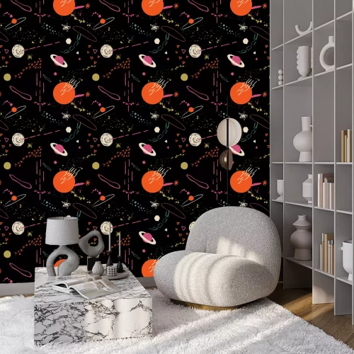 Behang Kleurrijke kosmos op een zwarte achtergrond