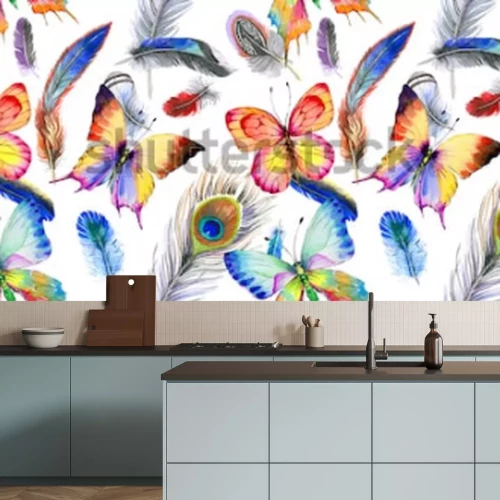 Sticker Aquarel vogel veer patroon van vleugel. Aquarelle wilde bloem voor achtergrond, texture, omslagpatroon, kader of grens.