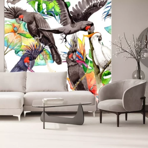 Fotobehang Exotische vogels op de achtergrond van bladeren