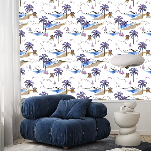 Behang Trendy Hawaiiaan in het patroonvector van het zoete kleuren naadloze eiland. Landschap met palmbomen, strand en oceaan vector hand getrokken stijl