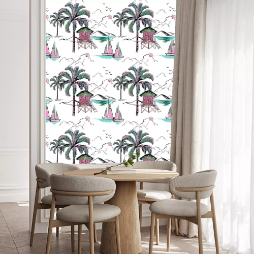 Behang Trendy Hawaiiaan in het patroonvector van het zoete kleuren naadloze eiland. Landschap met palmbomen, strand en oceaan vector hand getrokken stijl