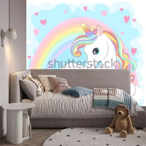 Fotobehang Regenboogeenhoorn en harten