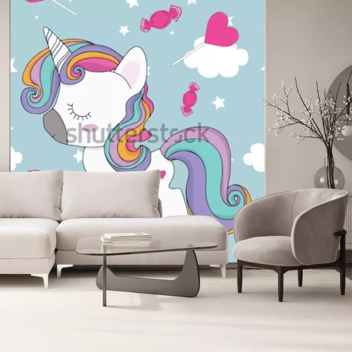 Fotobehang Kleurrijke eenhoorn en harten