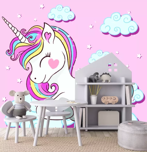 Sticker Een witte eenhoorn met regenboogmanen