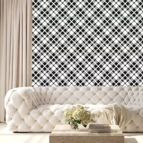 Behang Zwart-wit tartan diagonale naadloze vector patroon Geruite geruite textuur Geometrische eenvoudige vierkante achtergrond voor stof, textiel, doek, kleding, shirts, shorts, jurk deken inwikkeling ontwe