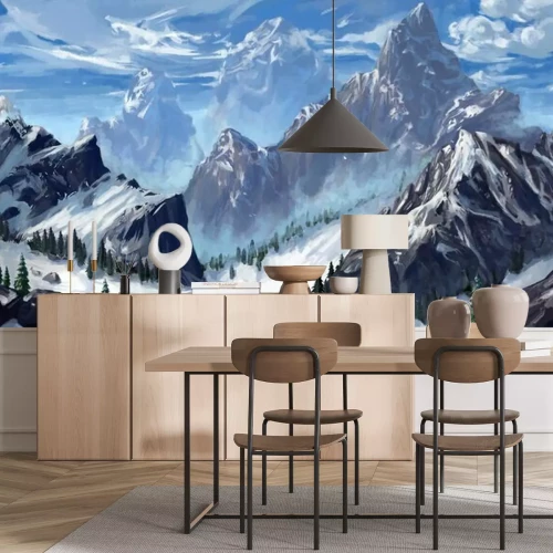 Fotobehang Bergen in de sneeuw uit een fantasiewereld