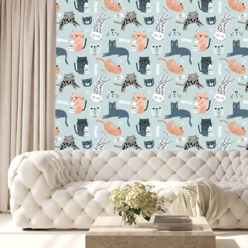 Behang Liggende en zittende katten met flessen melk