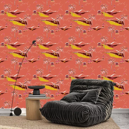 Behang Vintage mooie naadloze eiland patroon vector. Landschap met palmbomen, strand en oceaanvector