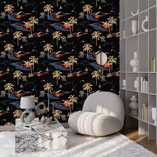 Behang De mooie Hawaiiaanse naadloze vector van het eilandpatroon. Landschap met palmbomen, strand en oceaan vector hand getrokken stijl op zwarte kleur achtergrond