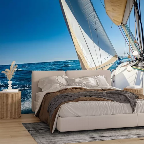 Fotobehang Zeilboot in het water blauwe achtergrond