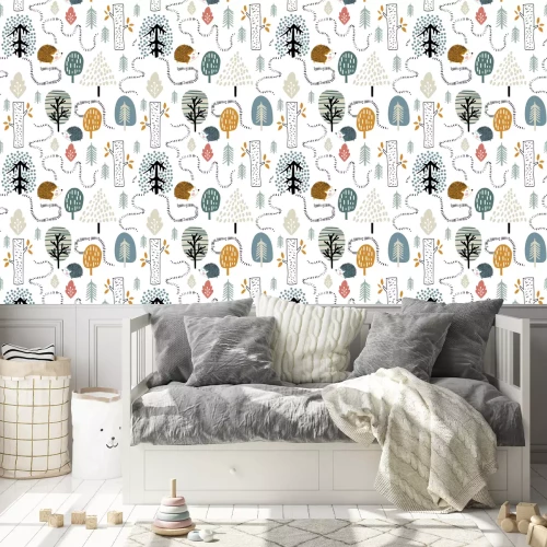 Behang Bos en schattige egels in Scandinavische stijl