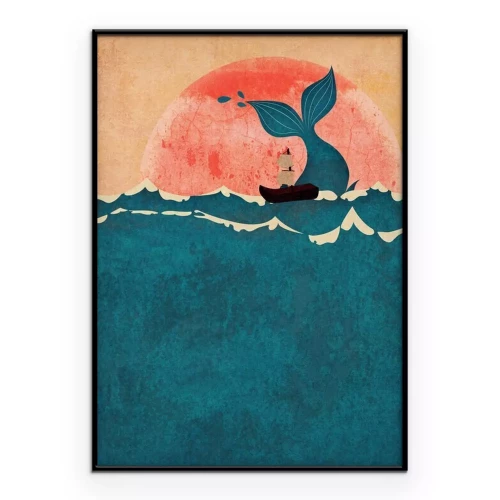 Poster Een schip en een walvis in een sprookjesachtige illustratie.