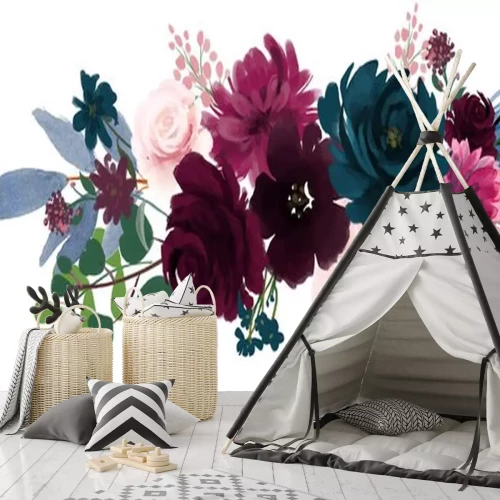 Sticker Decoratieve compositie van bloemen en veren