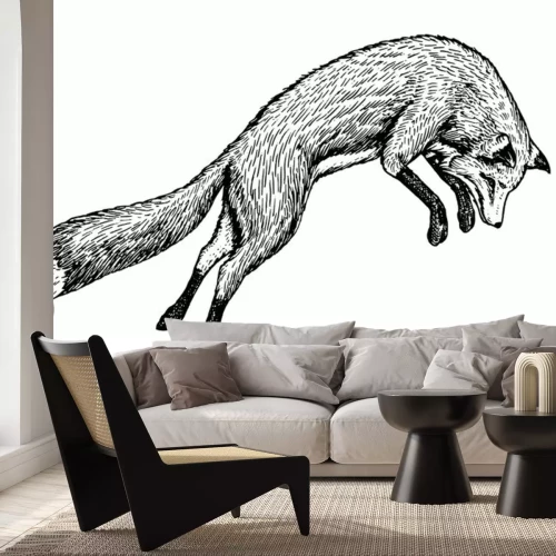 Sticker Zwart-wit tekening met een jagende vos