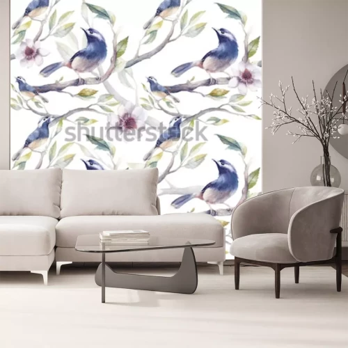 Fotobehang Vogels op takjes in aquarel