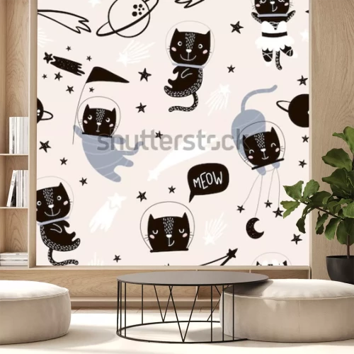 Sticker Naadloos patroonheilige met schaduwrijke kattenastronauten. Creatieve kwekerij achtergrond. Perfect voor kinderen ontwerp, spullen, inwikkeling, behang, textiel, kleding