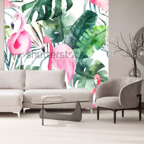 Sticker Tropisch naadloze patroon met flamingo en bladeren. Aquarel zomerprint. Exotische hand getrokken illustratie