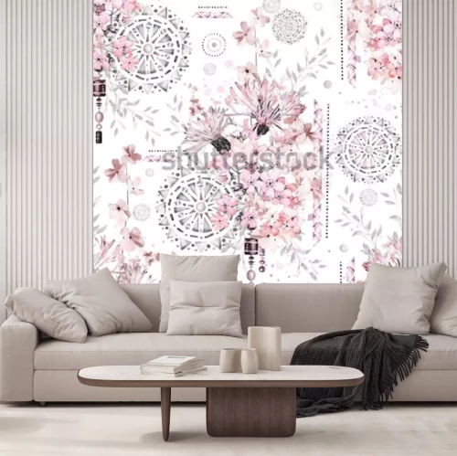 Sticker naadloze patroon met aquarel bloemen en getextelijke versieringen - mandala. Abstracte bloemenachtergrond. Tegel met weide wilde bloem en geometrische illustratie.