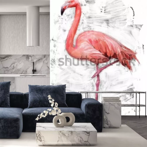 Sticker flamingo vogel schets / olieverf schilderij