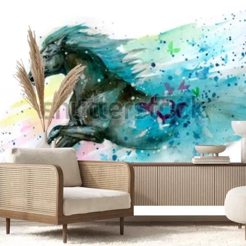 Sticker Paarden monteren en aquarel vlinders