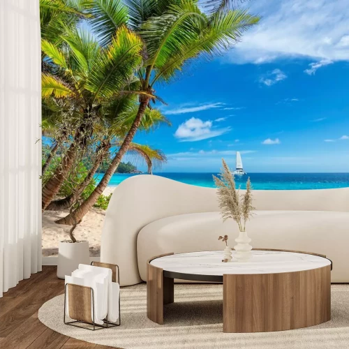 Fotobehang Palmboom strand en oceaan